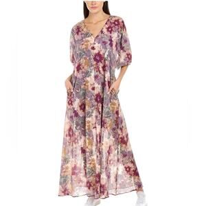Calme by Johnny Was Button Raglan Floral Maxi Dress size medium Purple Pink
